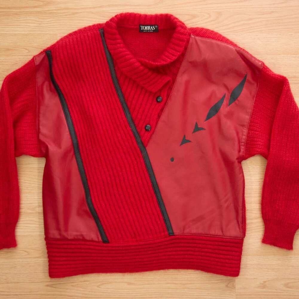 Vintage TORRAS Red Mohair Wool Women's Sweater, Leather applique, Size L, Made i